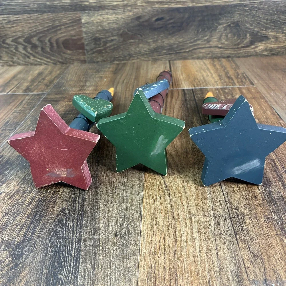 Primitive Wooden Candle Set 3 Rustic Heart Star Base Distressed Folk Art Decor
